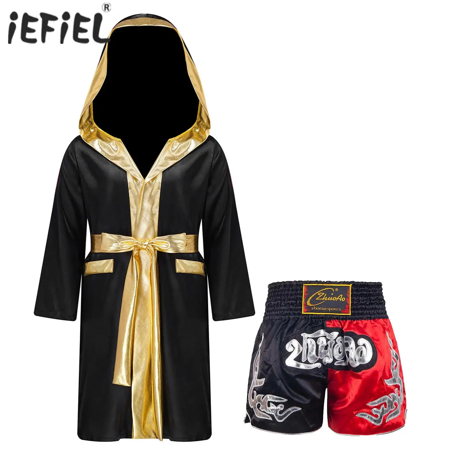 Traje de boxeo para niños, disfraz de Halloween, bata frontal abierta de manga larga, capa con capucha de satén y pantalones cortos con cinturón, conjuntos de juego de rol