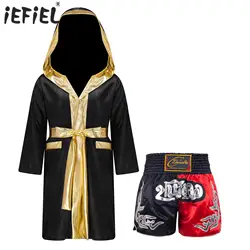 Kids Boys Boxing Outfit Halloween Cosplay Costume Long Sleeve Open Front Robe Satin Hooded Cloak with Belt Shorts Roleplay Sets
