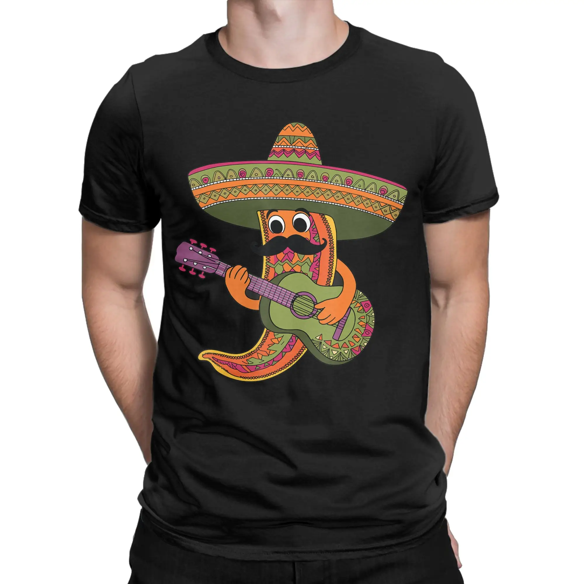 Funny Chili mustache Pepper with sombrero playing guitar Mexican T-Shirts for Men O Neck T Shirt  Short Sleeve Tee Shirt Tops