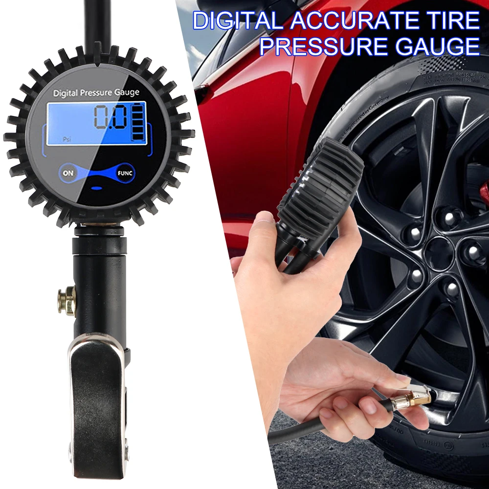 

Tyre Pressure Meter Aluminum Alloy LCD Digital 200PSI Air Line Clip-on Tyre Pump Tire Pressure Inflator Gauge
