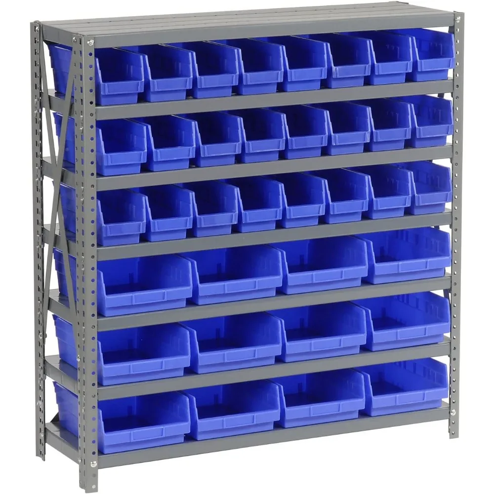 

7 Shelf Steel Shelving with (36) 4" H Plastic Shelf Bins, Blue, 36x12x39