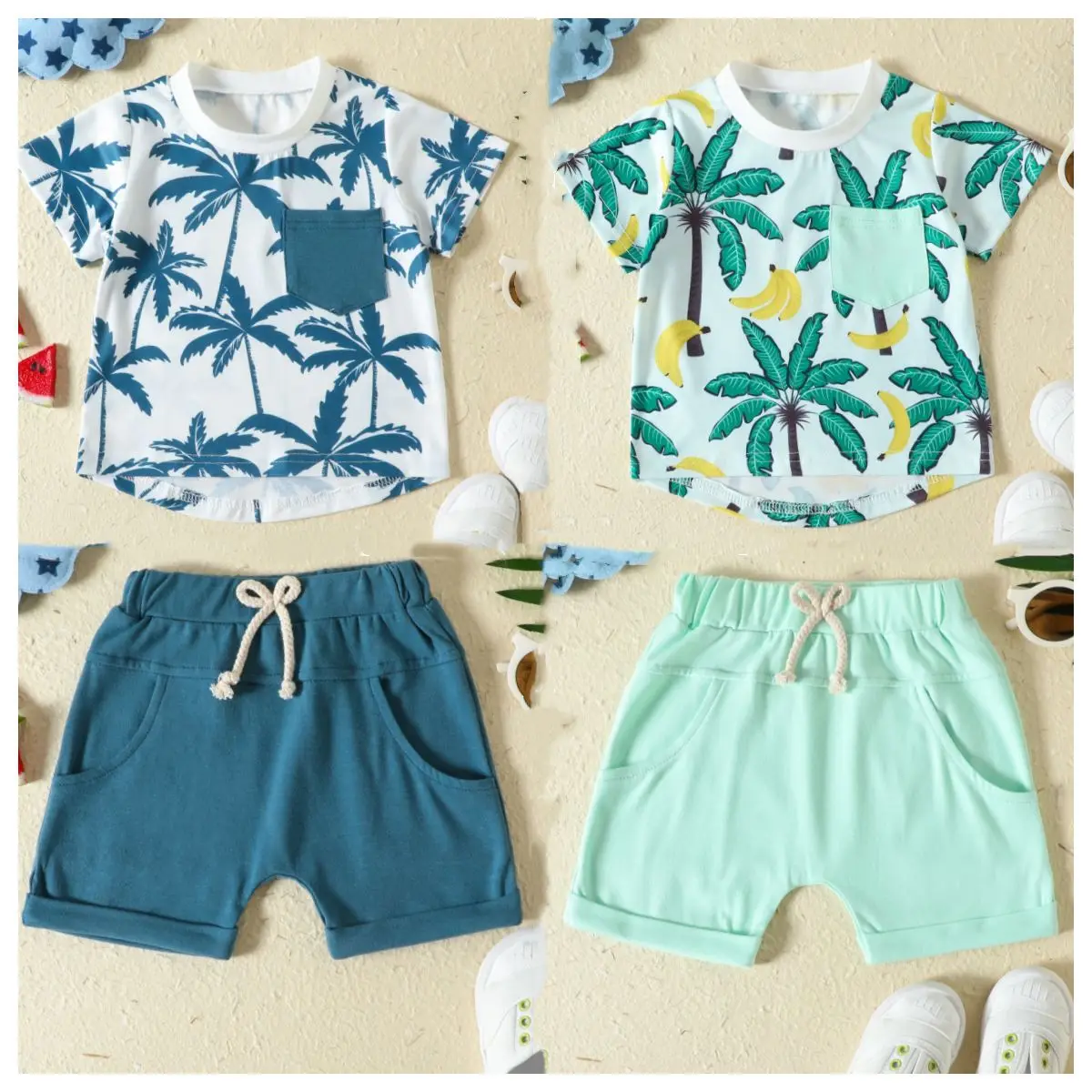 

Summer Boys Clothing Set Cool Beach Suit Tree Print Tee And Solid Shorts 2 Pcs Track Suit