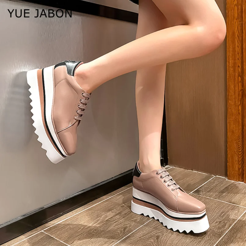 Punk Style Women Shoes Lace-up 8CM heel Platform Shoes Mixed Color Sole Real Leather Woman Casual shoes comfort designer shoes