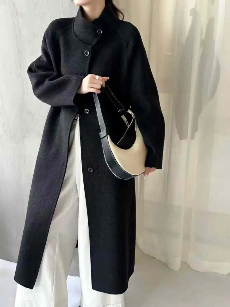 

Korean Version Women's Black Elegant Long Sleeved Holiday Woolen Coat Winter Grey Single Breasted Versatile Loose Overcoat Trend