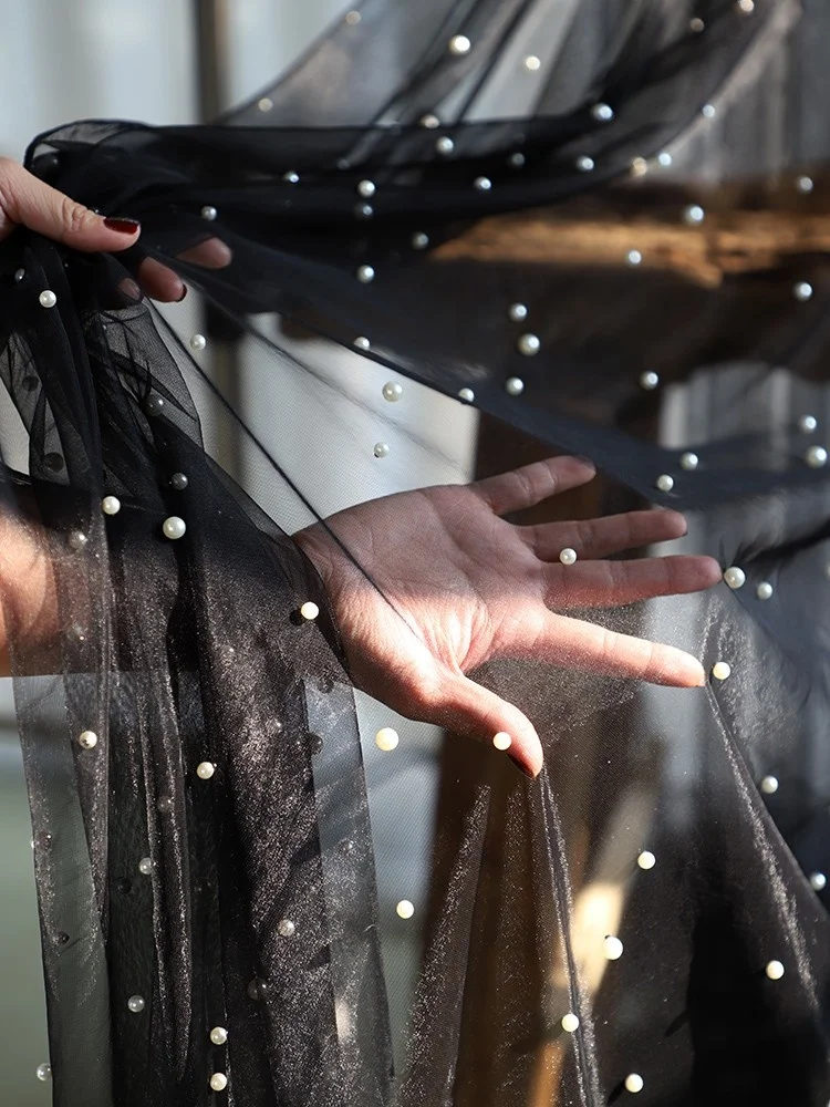قماش تول اللؤلؤ الأسود لتنورة فستان الزفاف، شبكة لؤلؤية بيضاء وشامبانيا، مادة ستائر مطرزة يدويًا للديكور المنزلي
