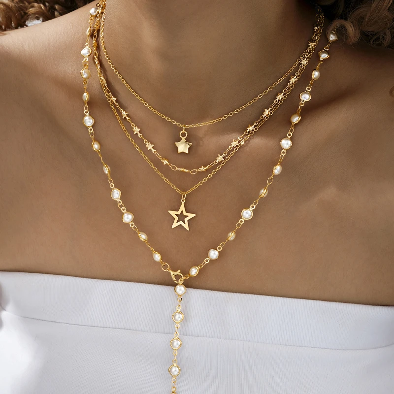 4pcs Fashion Simple Elegant Star Pendant Necklace Set Retro Pearl Y-Shaped Long Chain Necklace for Women Daily Wear Jewelry Gift