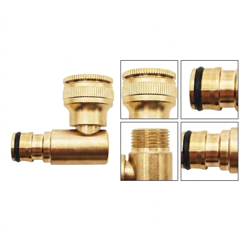 Brass Angled Faucet Connector for Outdoor Hose Use with Dual Female Thread Compatibility 1/2 inch and 3/4 inch