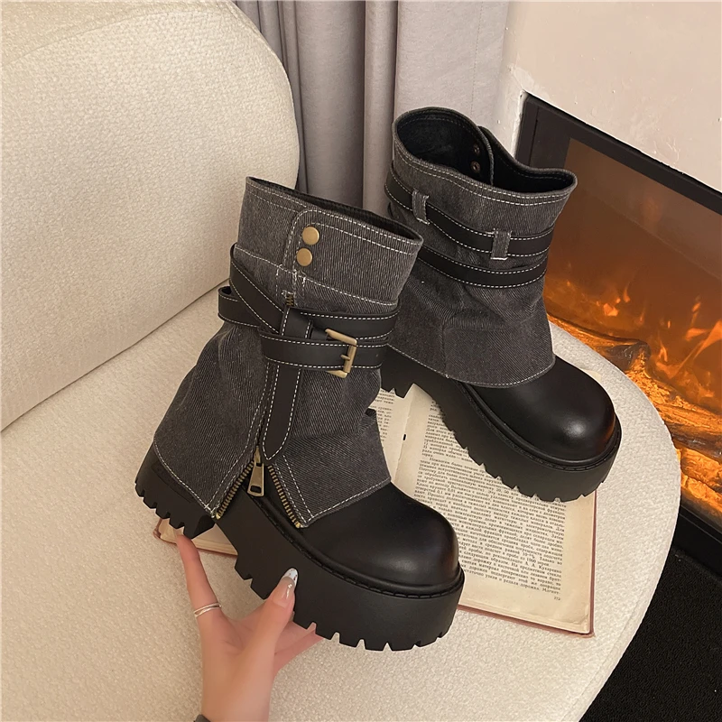 

Winter Punk Style Women Ankle Boots Fashion Belt Buckle Shoes Ladies Concise Chunky Platform Heel Short Booties Zapatos De Mujer