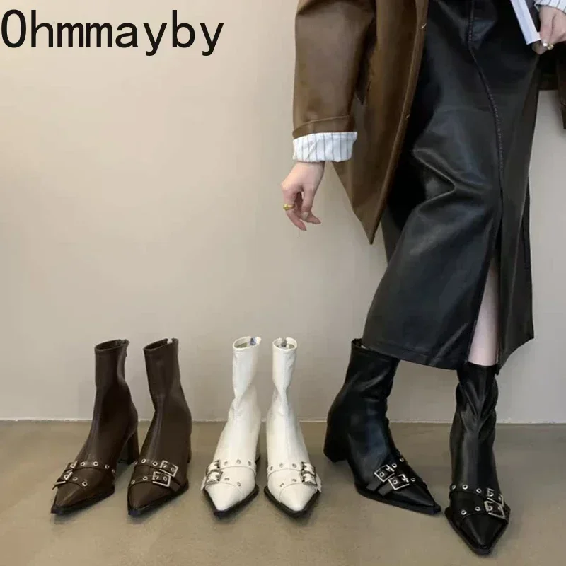 Szpiczaste Toe damskie wyszczuplające botki modne buty z klamrą paska jesienno-zimowa gruby obcas damskie eleganckie krótkie botki