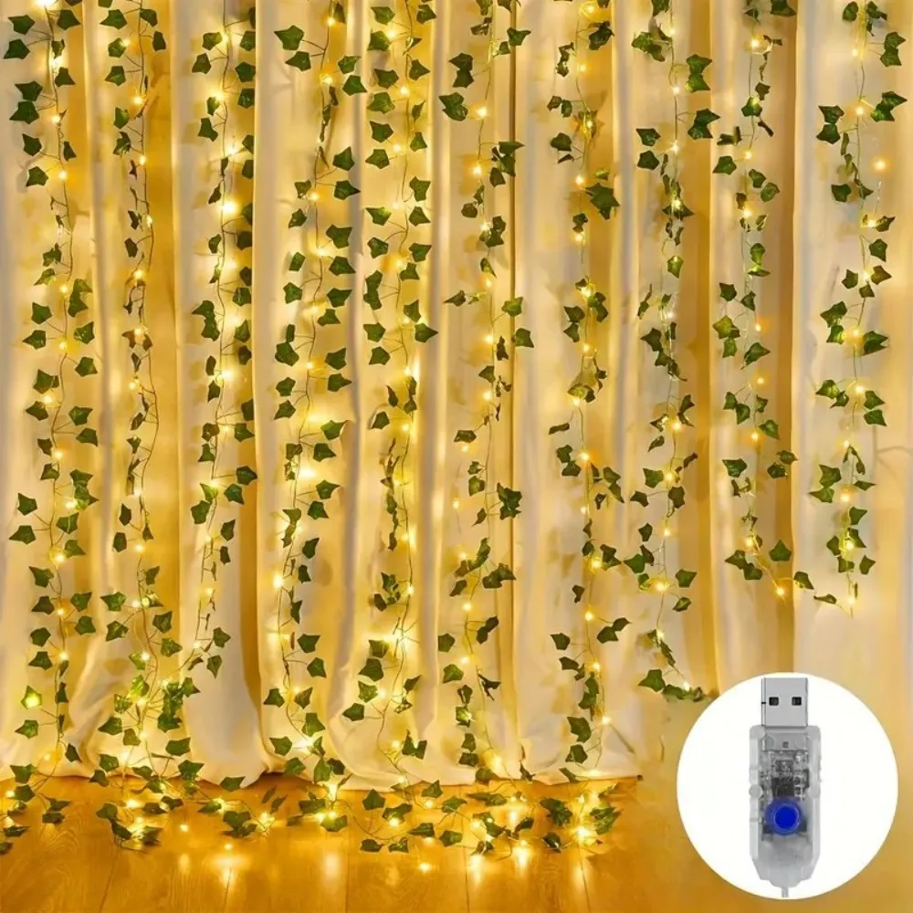 1PC 3M100LED8 mode USB artificial ivy leaf curtain light string, warm white light, suitable for outdoor garden walls, balconies