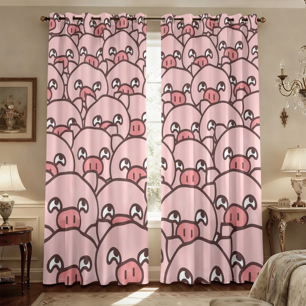 250g Blackout Curtains 2 Panels Pink Pig Head Full Print Window Curtains for Cute Home Decor