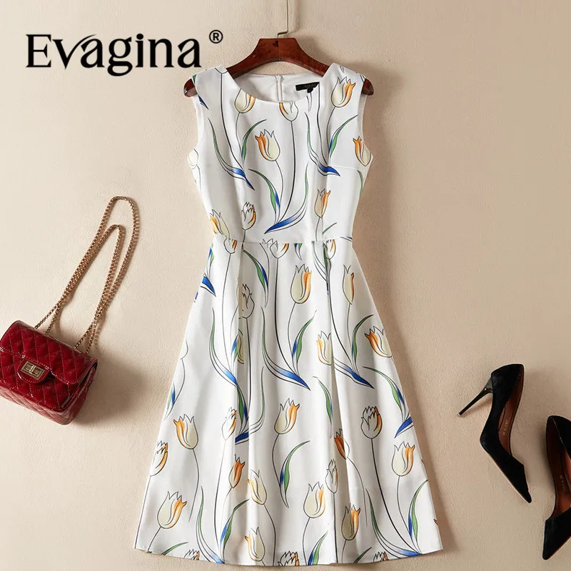 Evagina Flower Print Sleeveless Mini Dress 2024 Spring Summer New Women's Ivory White High Street Elegant Party Dresses