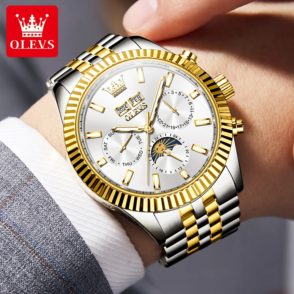 OLEVS Automatic Mechanical Watch for Men Week Calendar Multifunctional Moon Phase Waterproof Stainless steel Wristwatch Man 2024