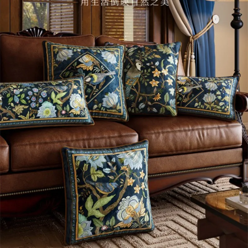45x45cm Vintage Bird Floral Velvet Pillow Cover Luxury Dark Blue William Morris Style Cushion Cover Soft Plush Throw Pillow Case