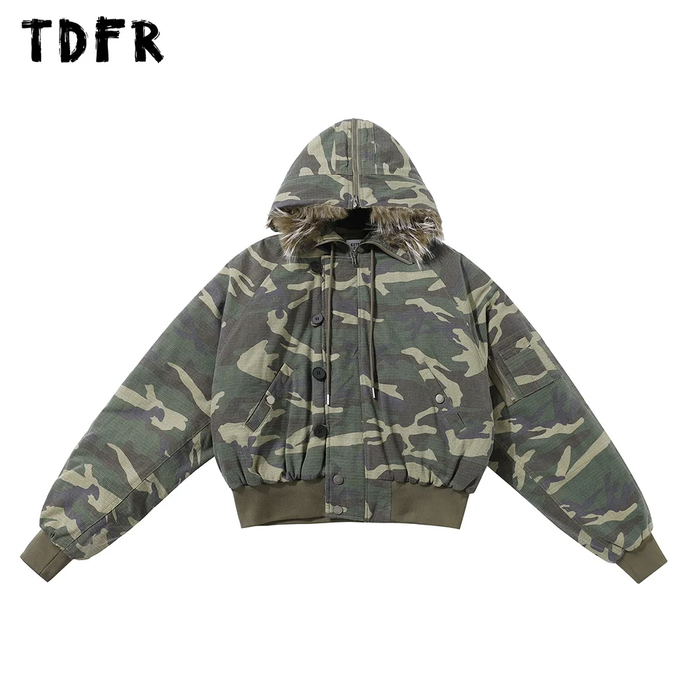 Camuflagem com capuz acolchoado jaqueta masculina botão decoração safari estilo inverno grosso manga longa acolchoado jaqueta masculina