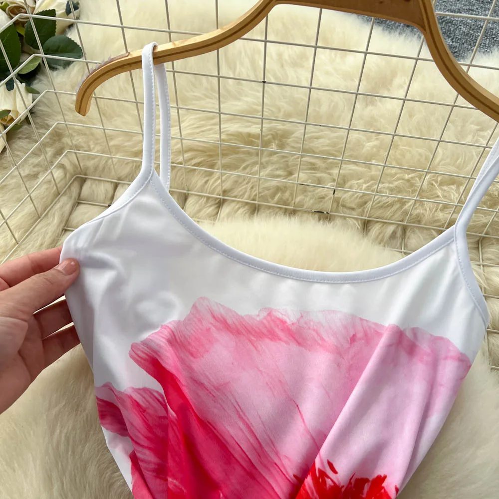 فستان ريترو هوتسويت مطبوع نحيف بدون أكمام أنيق لقضاء عطلة الشاطئ للنساء فساتين صيفية عصرية كورية