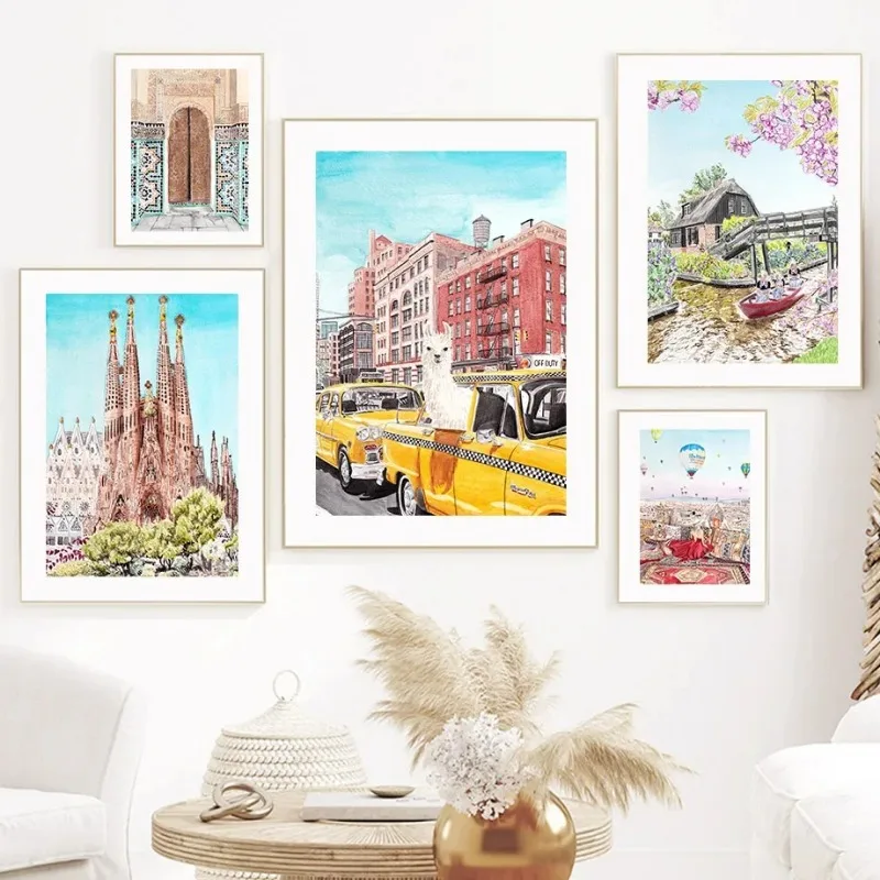 Nordic Victoria Harbour Sagrada Familia Morocco Wall Art Posters Minimalist Print Canvas Painting for Living Room Home Decor