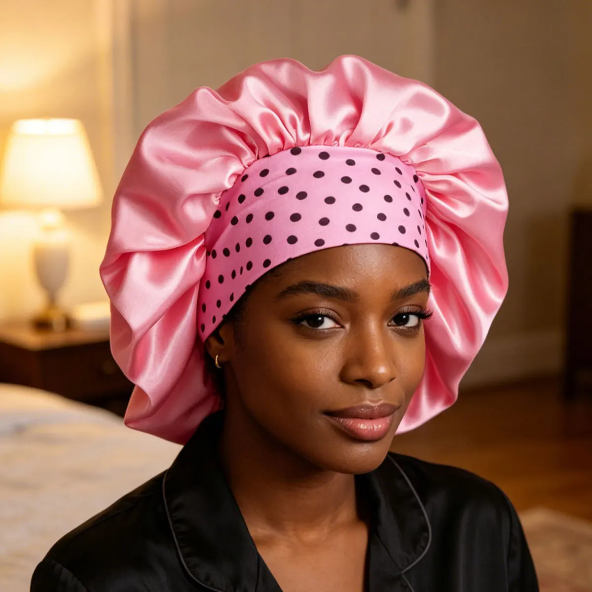 Polka Dot Women's Wide Brim Satin Sleep Cap High Elasticity Hair Protection Hat Alcohol-Free for Curly Hair Beauty Sleep Cap