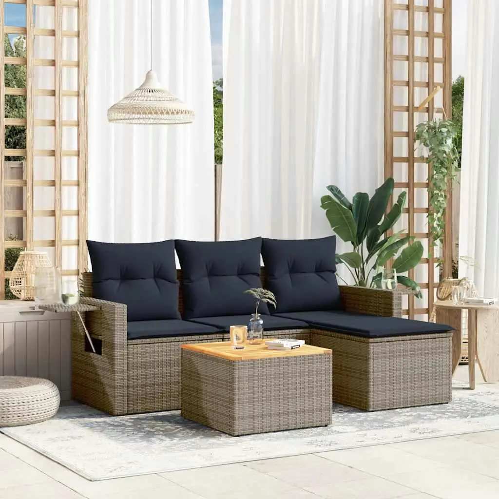 

Gray Poly Rattan 5 Piece Outdoor Patio Sofa Set with Cushions Modern Garden Furniture