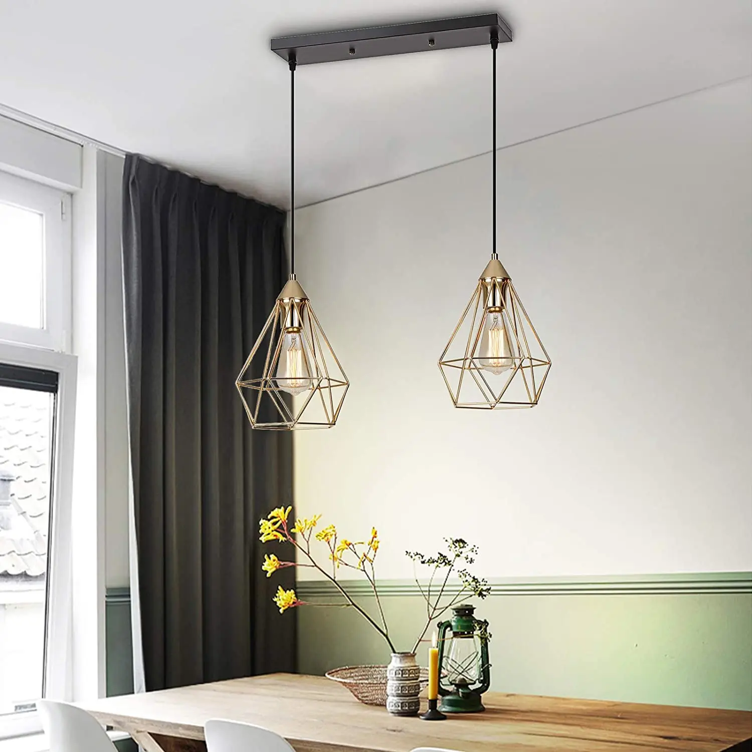 Modern Simple Champagne Gold Wrought Iron Pendant Light 2 Heads for Kitchen Island Dining Room