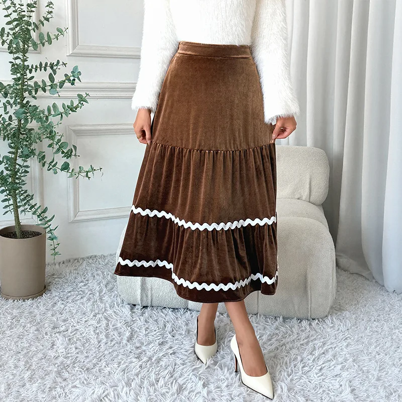Office Lady Brown Big Swing Maxi Skirts 2025 French Elegant Velvet A-Line Ruffled Midi Skirt With Elastic Waist For Women Y2K