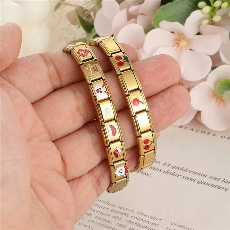 Wholesale Sticker Module Heart Cherry Lips Gold Color Italian Charm Links Fit 9MM Bracelet Stainless Steel Women Men DIY Making