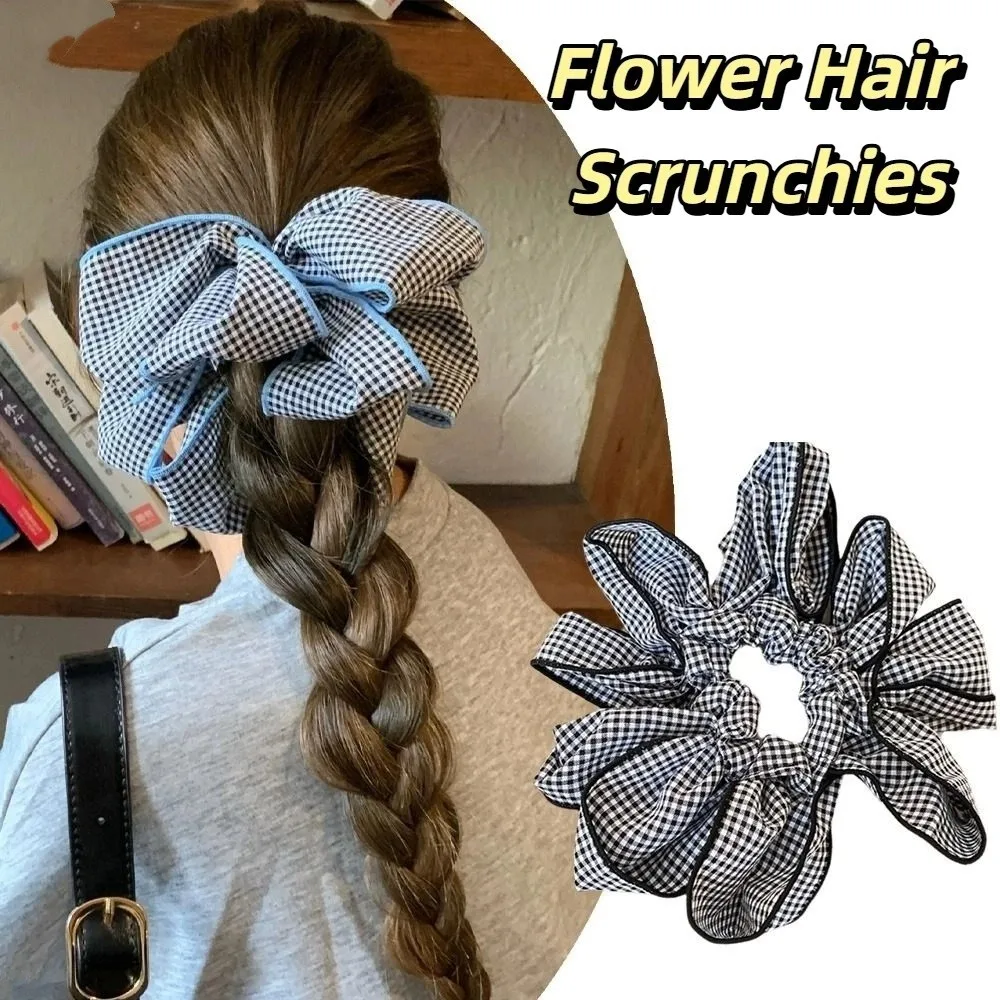 

Exquisite Elastic Flower Hair Scrunchies Sweet Korean Style Blue Plaid Hair Ring Hair Rope Cloth Lattice Hair Tie Lady