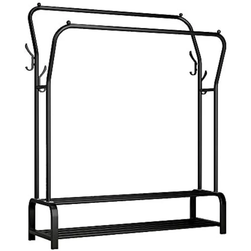 Garment Rack Freestanding Hanger Double Rods Multi-functional Bedroom Clothing Rack, Double layer ，4 Hooks，
