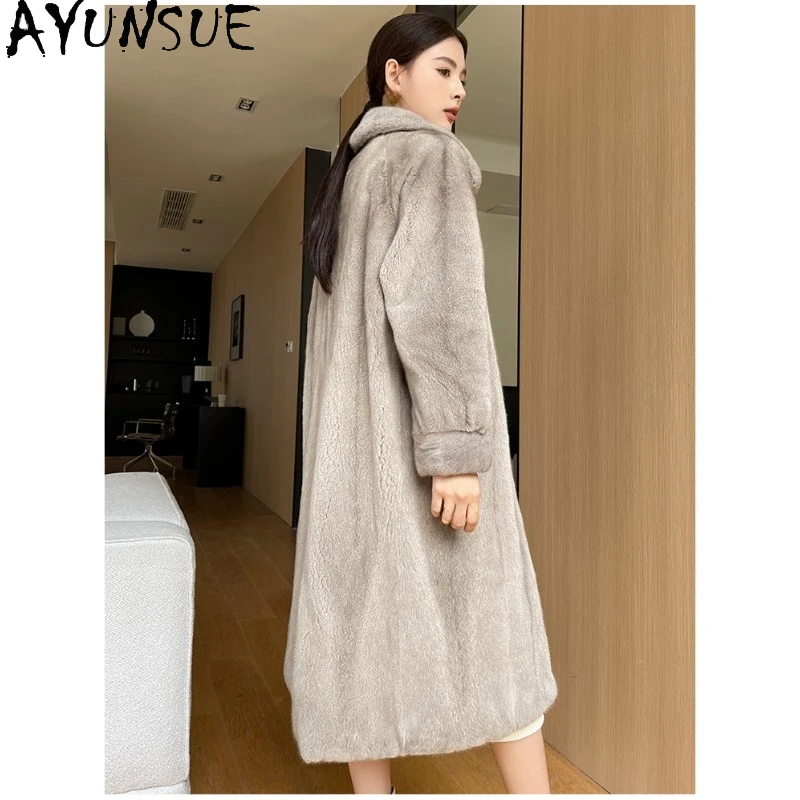 AYUNSUE Lila Label Samt Pelzmantel Frau Luxus 2025, Winter Mäntel für Frau Lange Volle Nerz Pelz Jacke frauen Kleidung manteau