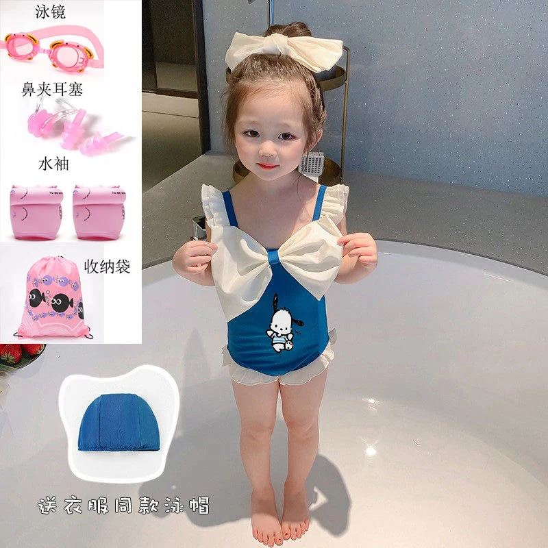 New Sanrio Hello Kitty Pochacco Children Bathing Suits Summer Cartoon Cute Bow Baby Girl One-Piece Swimsuit Cap Combination Set