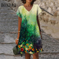 Plant Flowers Tie Dye Gradient Print Women Dress Casual V-Neck Short Sleeve A-Line Dresses Summer 2023 New Oversized Clothing