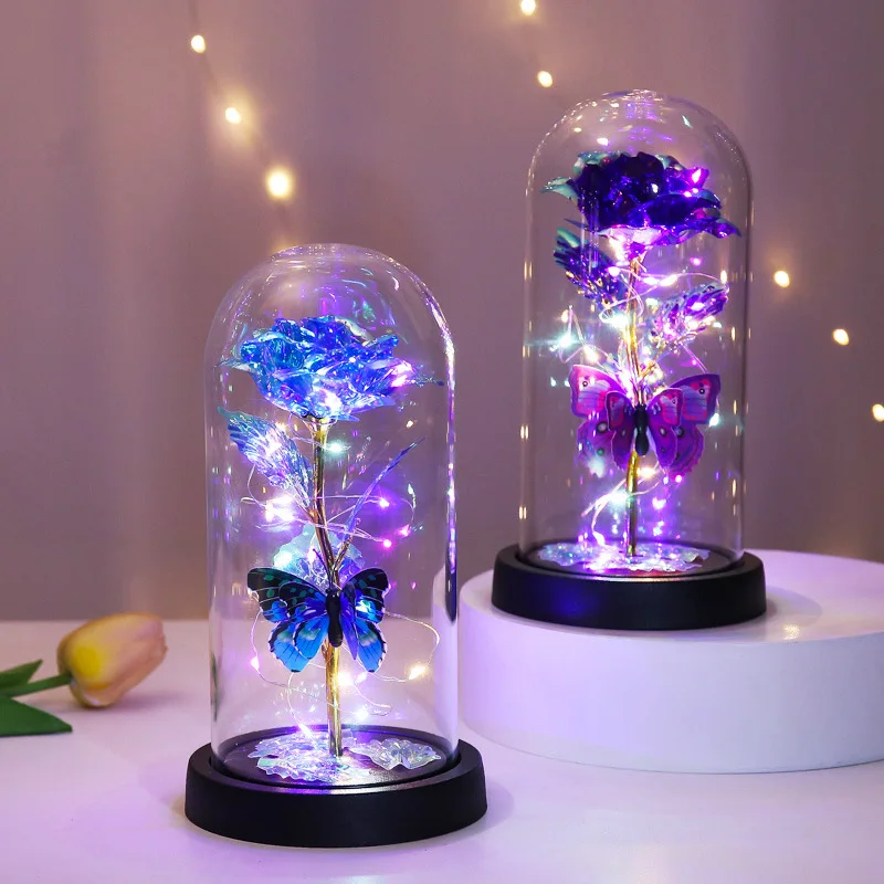 Glass Cover Rose Immortality Flower with Lamp Qixi Valentine's Day Gift Creative Decoration Decorations
