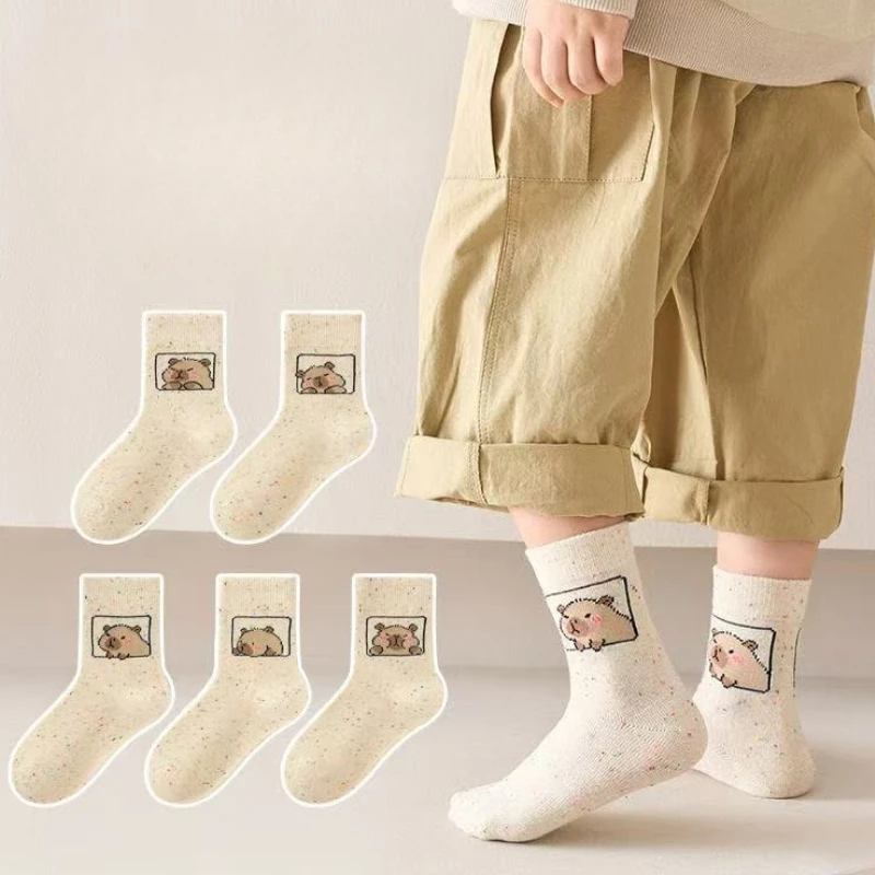 5-40Pairs Kids Capybara Cartoon Socks Mid Calf Combed Cotton Soft Breathable Cute for Boys Girls Daily School Fall Autumn
