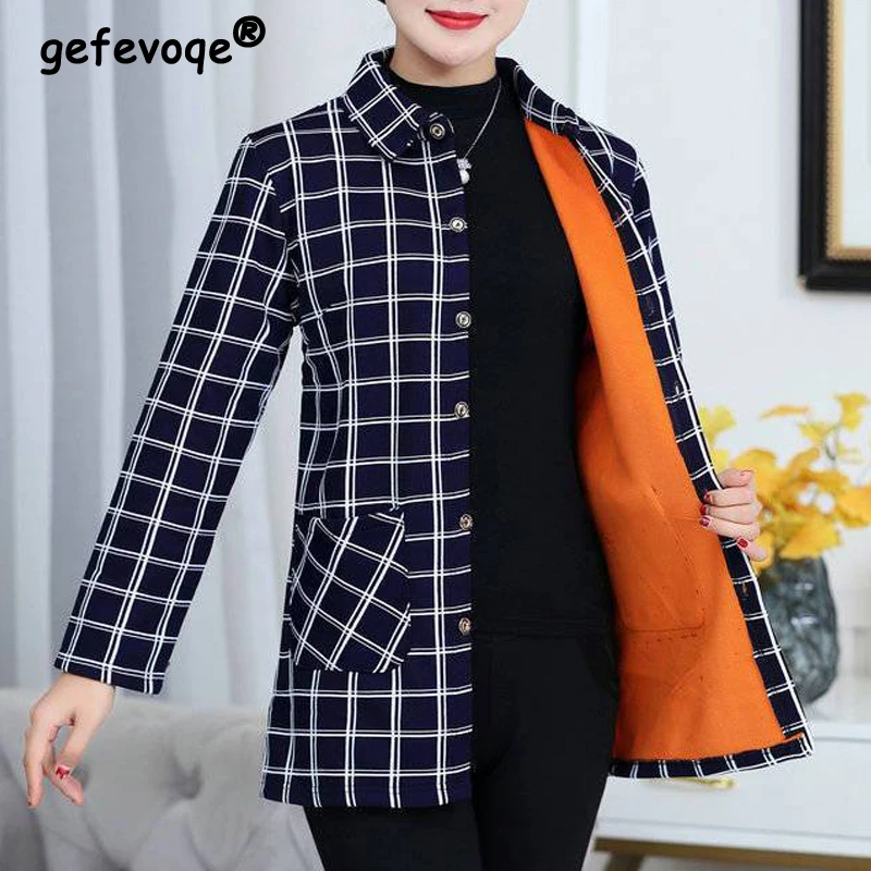 2023 Autumn Winter Middle Aged Elderly Women Vintage Plaid Plush Thicken Button Shirt Jacket Lapel Long Sleeve Loose Tunic Coats