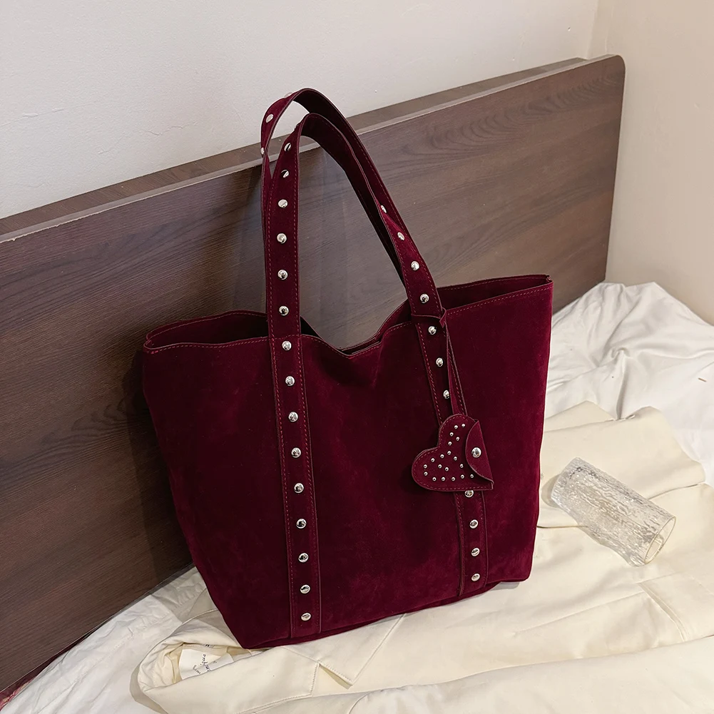 2025 Vintage Suede Women's Shoulder Bags Large Capacity Tote Bags with Rivet Magnetic Closure Handbag Solid Casual Underarm Bags