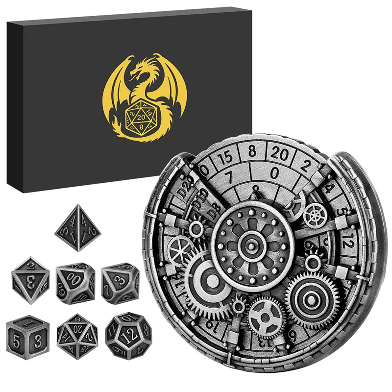 7pcs/set Metal Polyhedral Dices with Gear Spinner 7-in-1 Dice Turnable Rotating Roller for Role Play Game Accessory Wedding Set