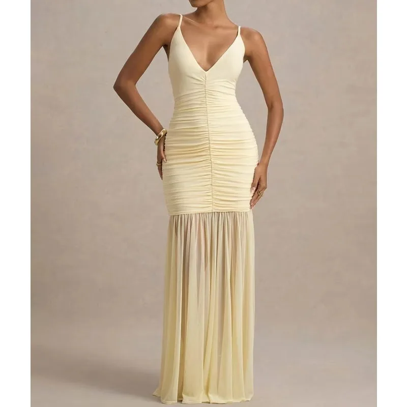 Spaghetti Strap Backless Sexy Maxi Dress Women Gown Fashion Patchwork Off-shoulder V Neck Ruched Pleated Party Dress