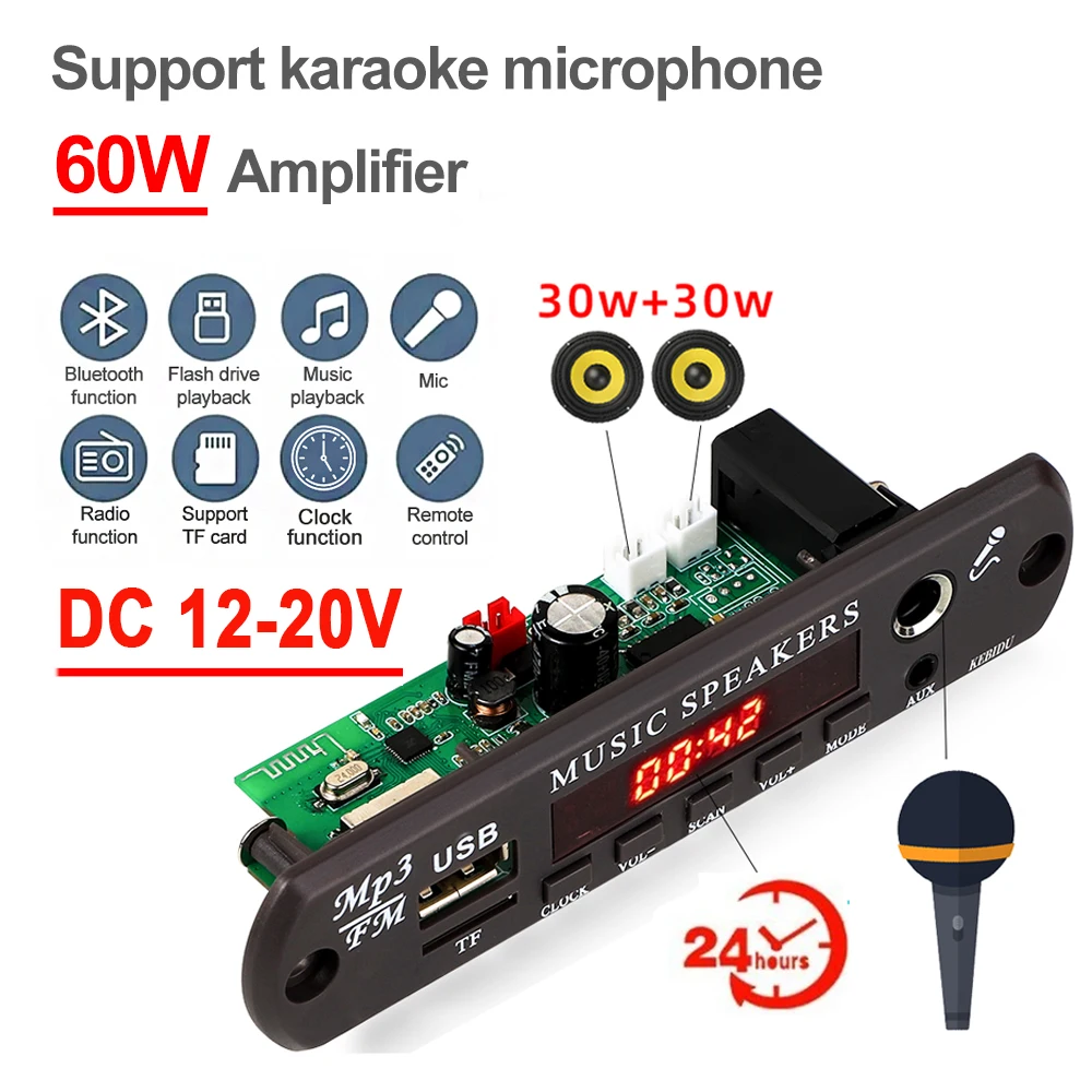 

60W Amplifier Diy Car Radio Module 12V Bluetooth 5.3 MP3 Decoder Board Digital Clock 6.5mm Mic Jack USB TF AUX Support Karaoke