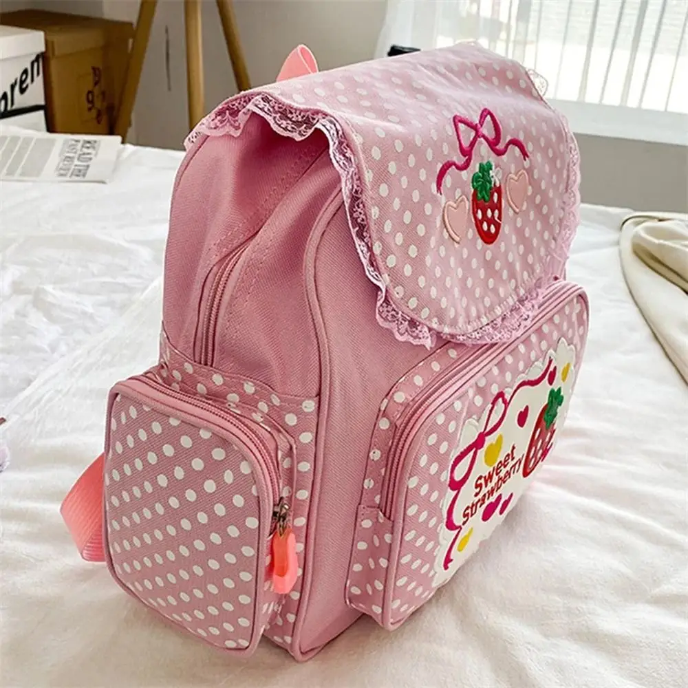 Ransel Bordir Stroberi Tas Sekolah Mochila Dots Multi-saku Gadis Ransel Buah Kasual Mahasiswa Ransel Remaja College