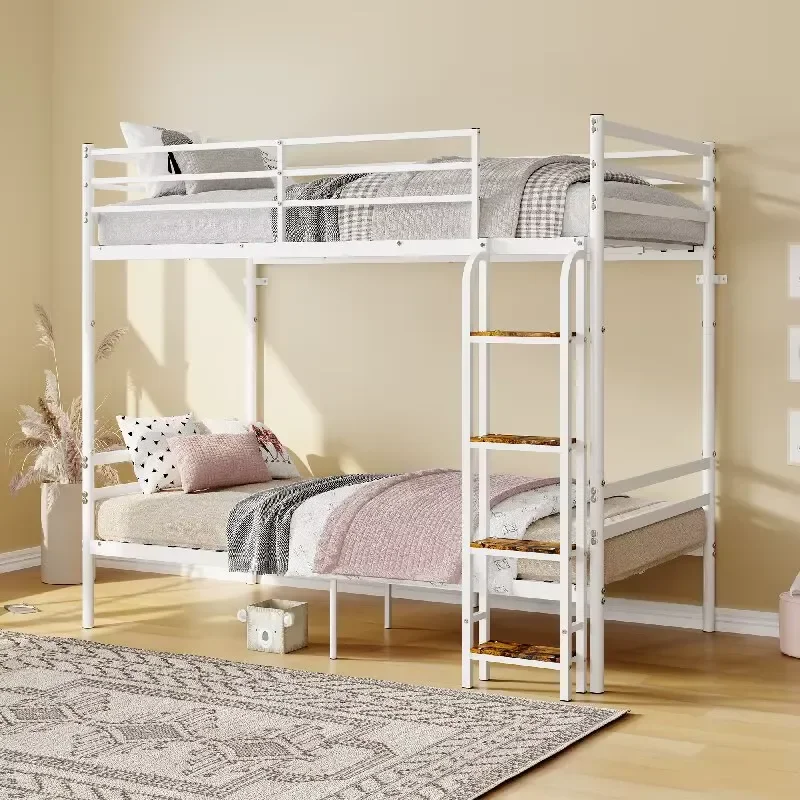 for Modern Double Size Bunk Bed Frame with Safety Guardrail and Ladder Heavy  Metal Slat Support Structure Noise Reduction