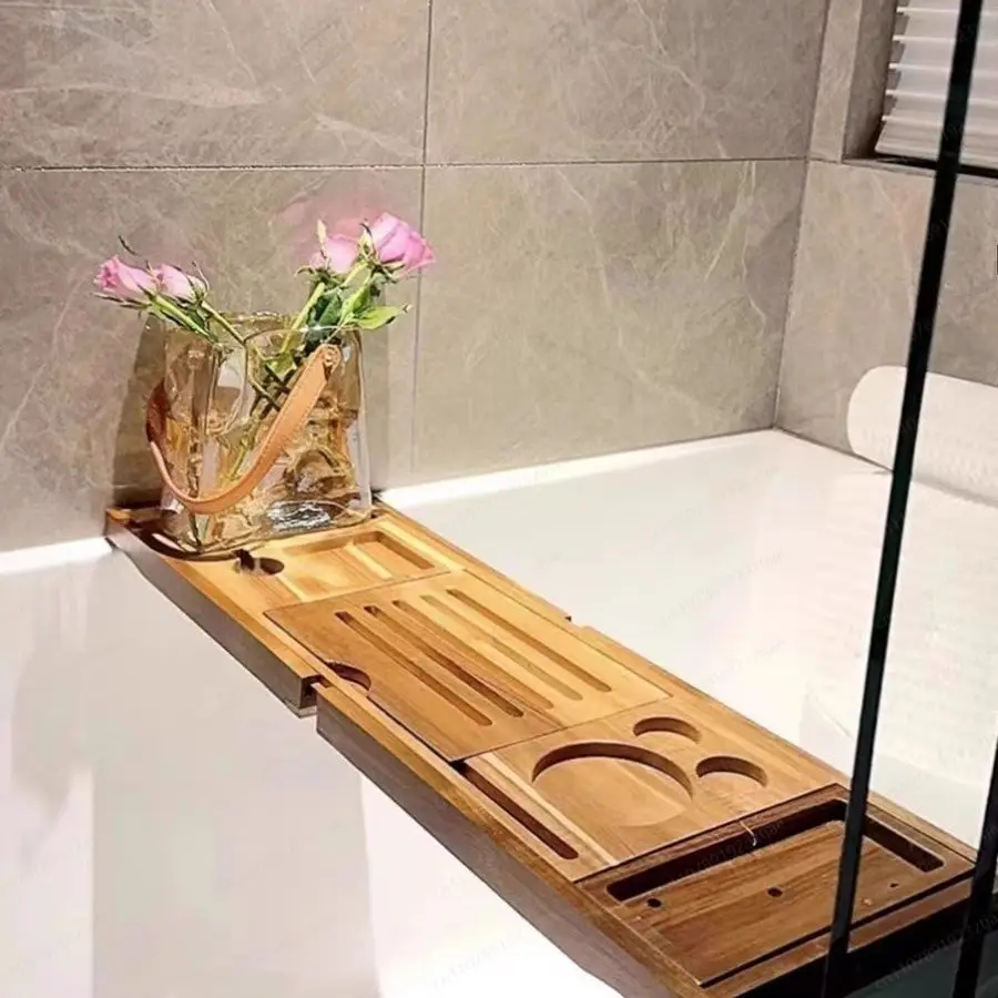 

Поднос для ванны из массива акации, раздвижной, с нескользящей мыльницей-органайзером для роскошной организации пространства в ванной комнате отеля