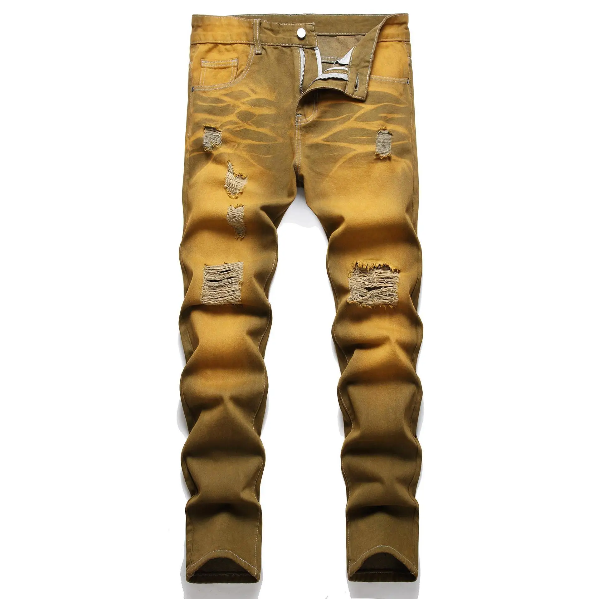 

Non Elastic Straight Hole Jeans Simple Denim Pants mid Waist Zipper Fly Casual Comfortable Fit Water Washed Summer Jeans