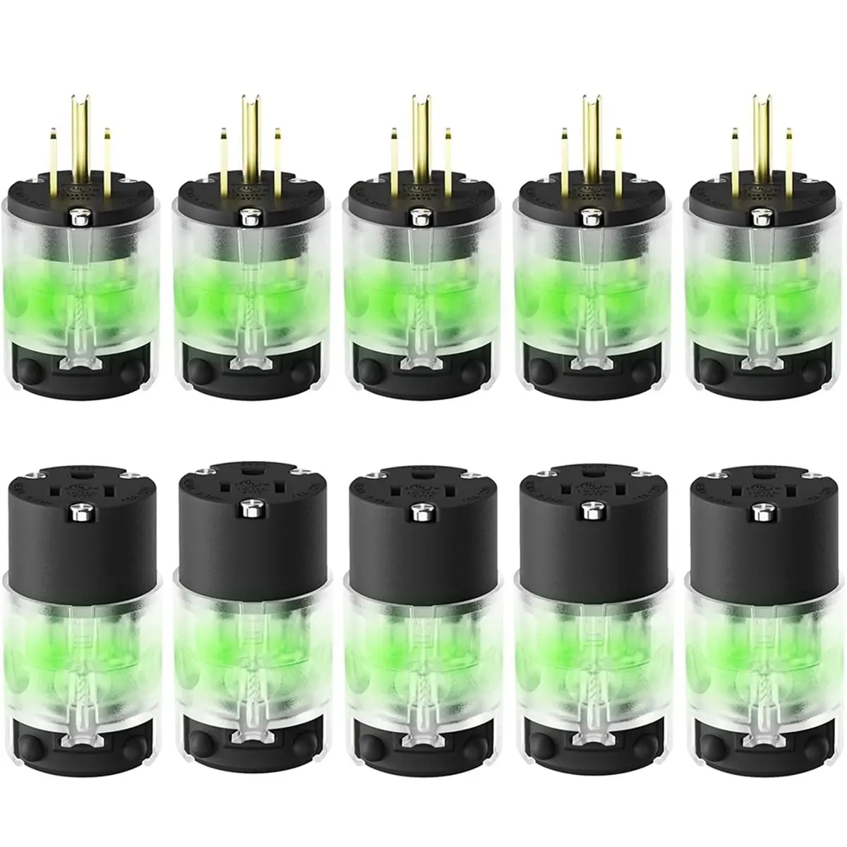 A64K 5 Set Lighted Extension Cord Ends, 15A 125V Extension Cord Replacement Ends 3 Prong, Lighted Plug and Connector US Plug