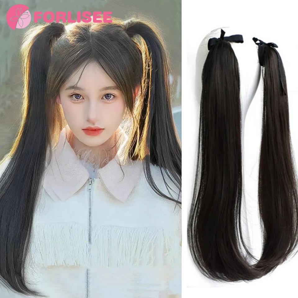 FORLISEE Synthetic Grip Clip Ultra Light Double Ponytail Wig Piece Can Be Tied With A High Strap Style Low Ponytail Braid