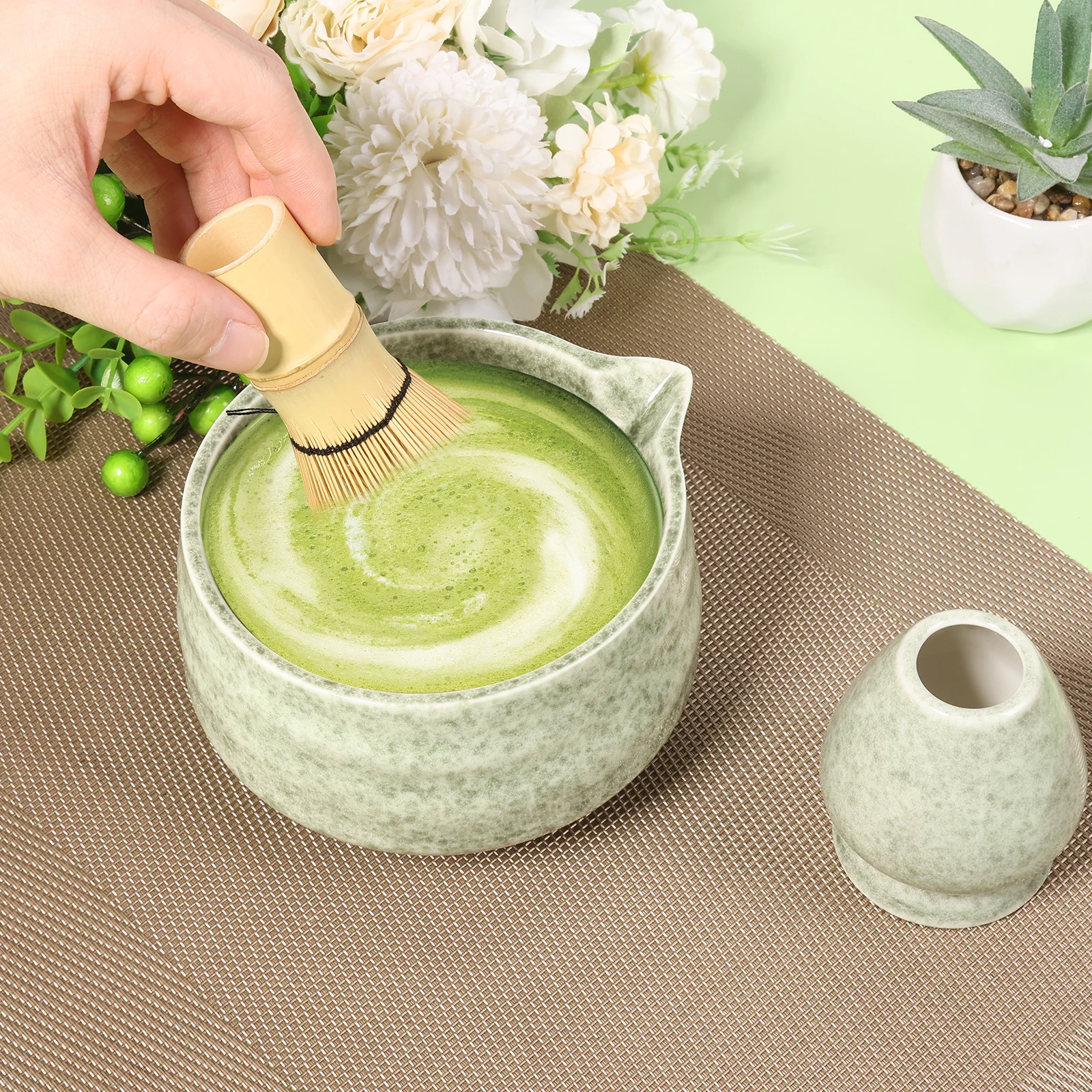 

2Pcs Japanese Ceramic Glossy Pink Matcha Bowl Macha Tea Whisk Chawan Chasen Holder Scoop Sifter Cup Ceremony Gift Set