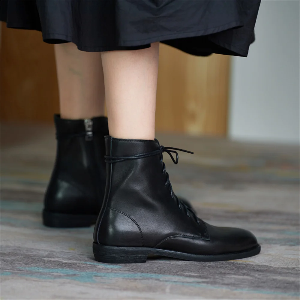 FEDONAS Ankle Boots for Women Low Heels Western Boots Female Autumn Winter Cross-tied Genuine Leather Booties Motorcycle Boots