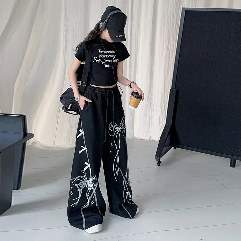 

Teens Girls Street Sports Clothes Set Kids Autumn Fashion Junior Kid T-shirt Wide Leg Pants 2pcs child Cargo Pants Outfits Suit