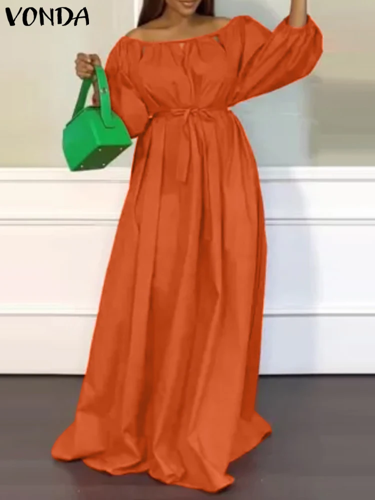 VONDA Elegant Party Maxi Dress Women 2023 Autumn Long Sleeve Dress Sexy Off Shoulder Solid Color Belted Bohemian Robe Vestidos