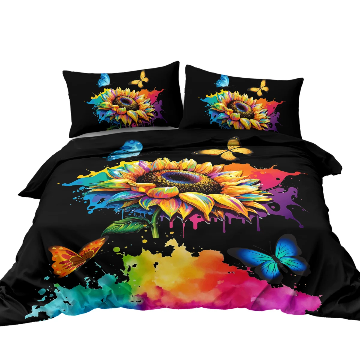 3pc Colored Paint Sunflower Comforter Cover Set Butterflies of All Colors Duvet Cover Set Bedding Set with 2 Pillow Cases