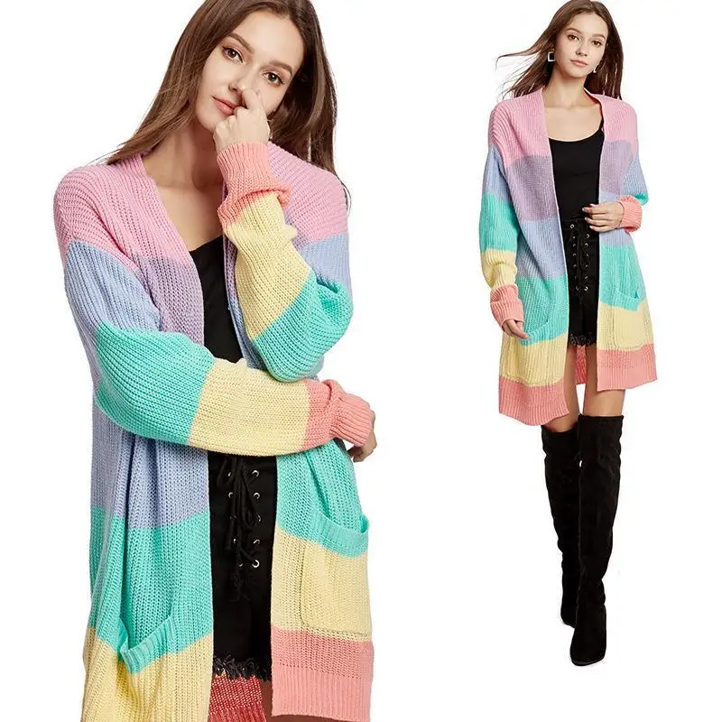 

Rainbow Color Long Loose Knitted Open Cardigan Women's Sweater Outerwear plus Size Faionable Autumn Season Stripe Pattern